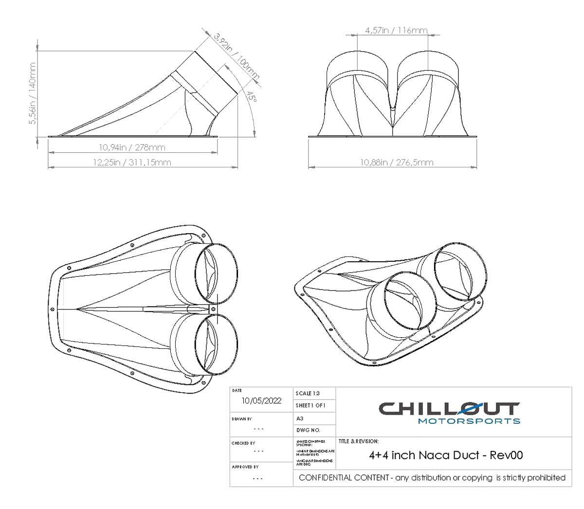 Technical drawing of a 4+4 Inch Naca Duct with dimensions and Chillout Motorsports branding.
