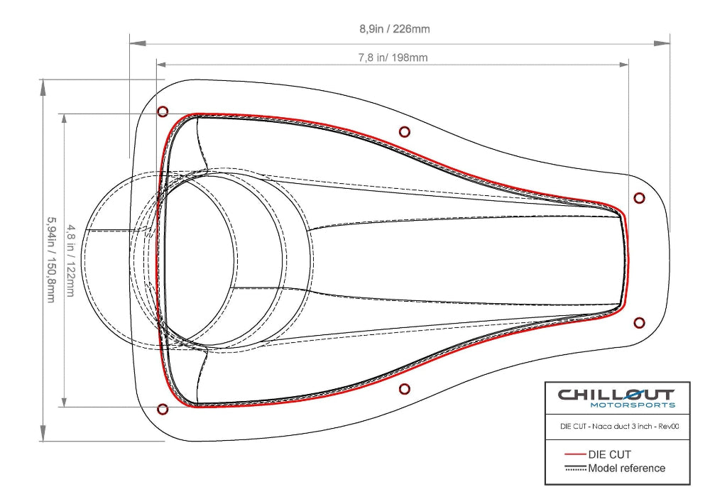 Chillout 3" NACA duct die-cut diagram with detailed dimensions 