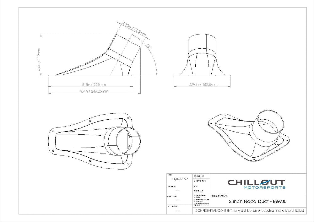 Technical blueprint of Chillout 3" NACA duct showing side and top profiles