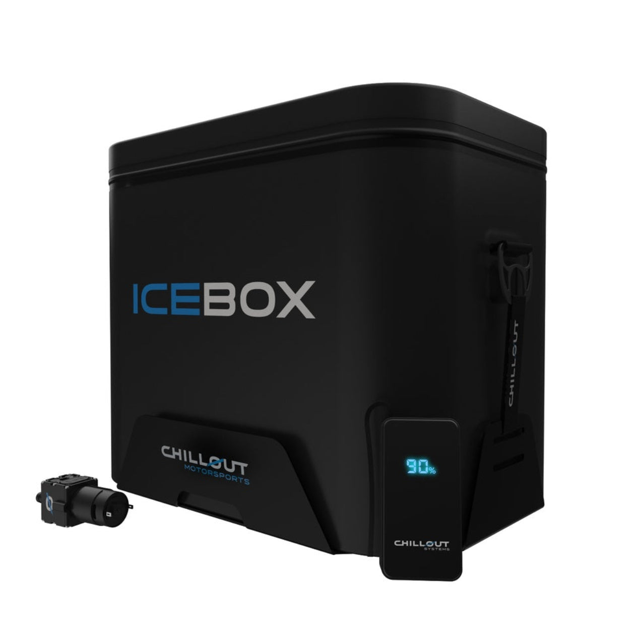 Chillout Systems IceBox Cooler System 17L with battery display, cooling pump, and connector assembly shown.