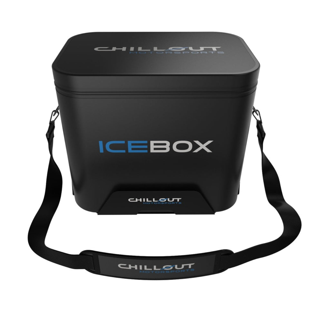 Chillout Systems IceBox Cooler System 17L angled view with shoulder strap and black cooler body.
