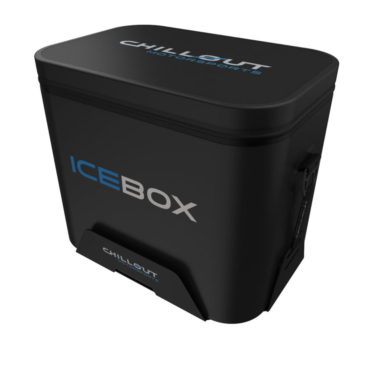 Chillout Systems IceBox 17L black aluminum baseplate angled view with Chillout Motorsports logo.