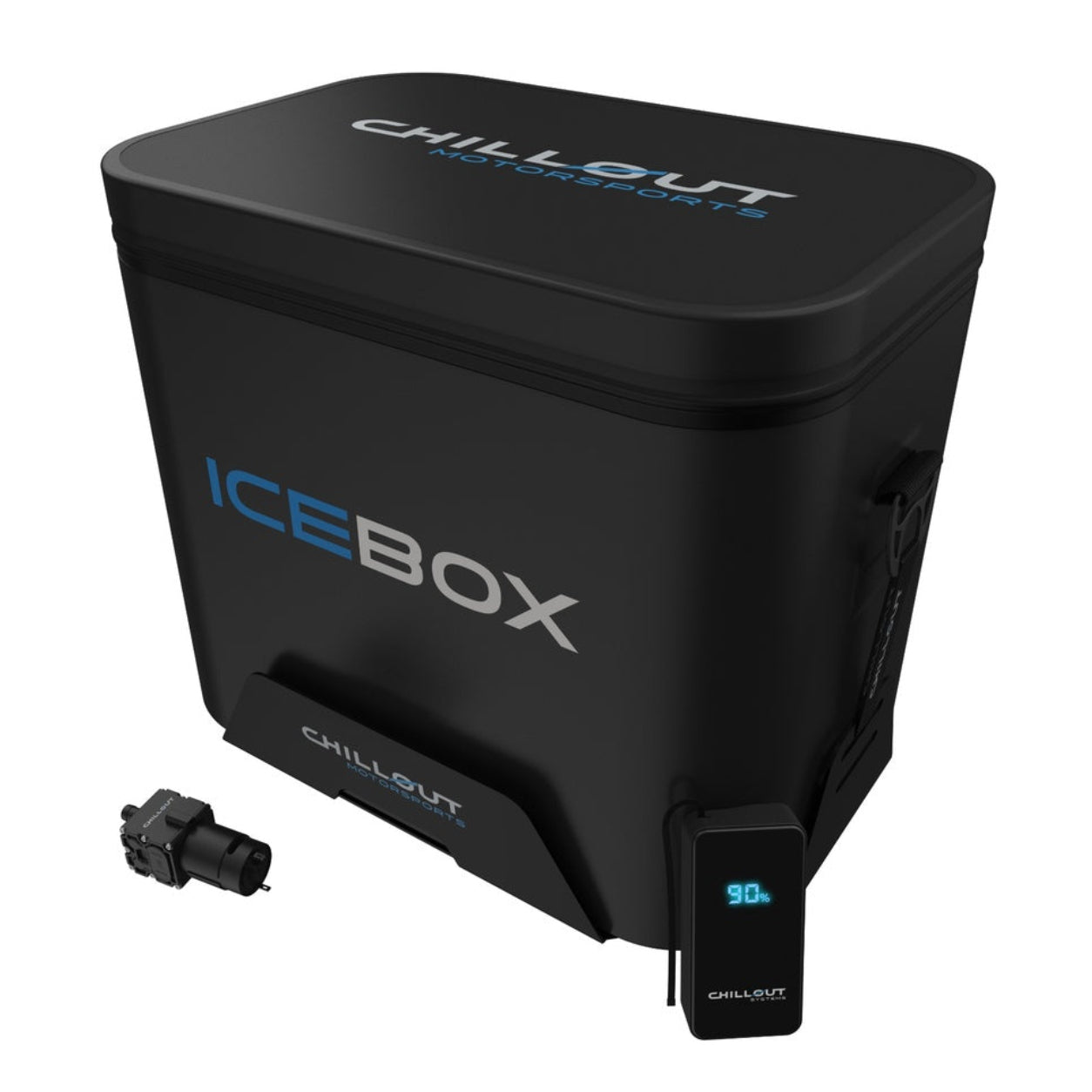 Chillout Systems IceBox Cooler System 17L high angle image with cooling pump, digital battery display, and shoulder strap.