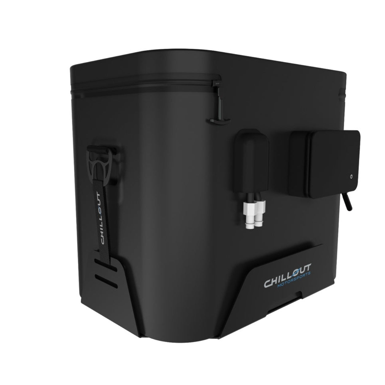 Chillout Systems IceBox Cooler System 17L rear view with inlet and outlet pipe connections and battery case.