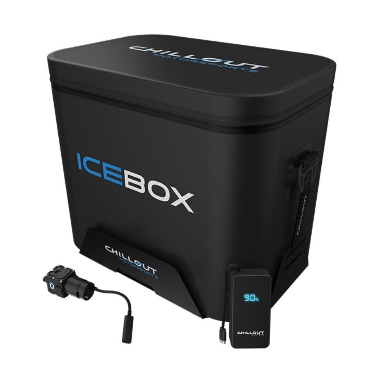 Chillout Systems IceBox Cooler System 17L with baseplate, pump, battery display, and Chillout Systems shoulder strap.