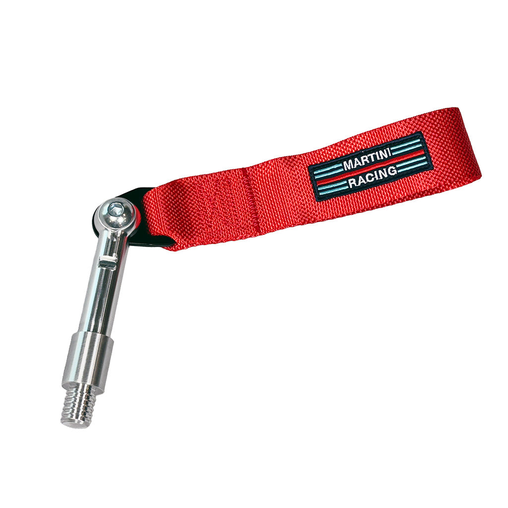 Red strap with Martini Racing logo attached to a CMS Performance fitting on a white background