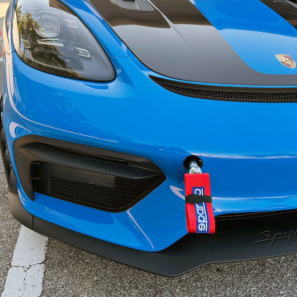 Porsche Boxster Spyder with CMS Performance front tow strap mount and Sparco Red tow strap