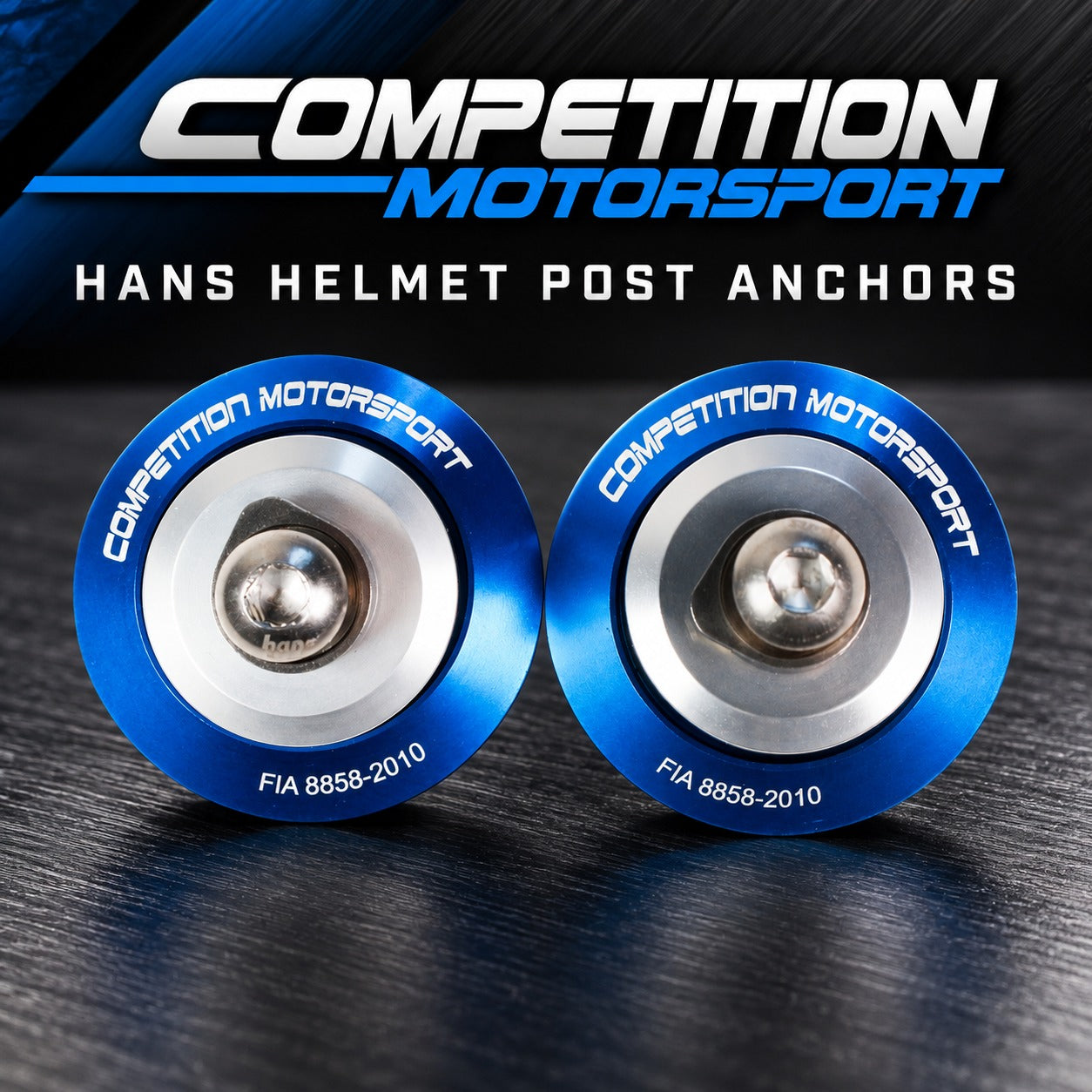 Competition Motorsport HANS Helmet Post Anchors – Blue FIA 8858-2010 helmet anchors, pair of two with CMS branding.