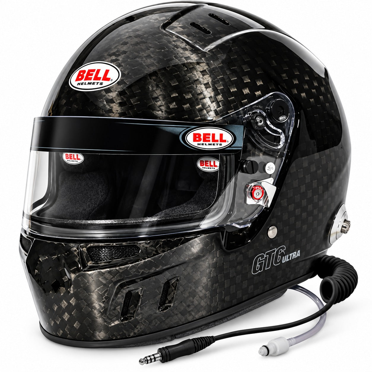 Bell GT6 RD ULTRA-4C/EC carbon fiber racing helmet with integrated communications cable, hydration connector, wide eyeport, HANS posts and gloss carbon shell