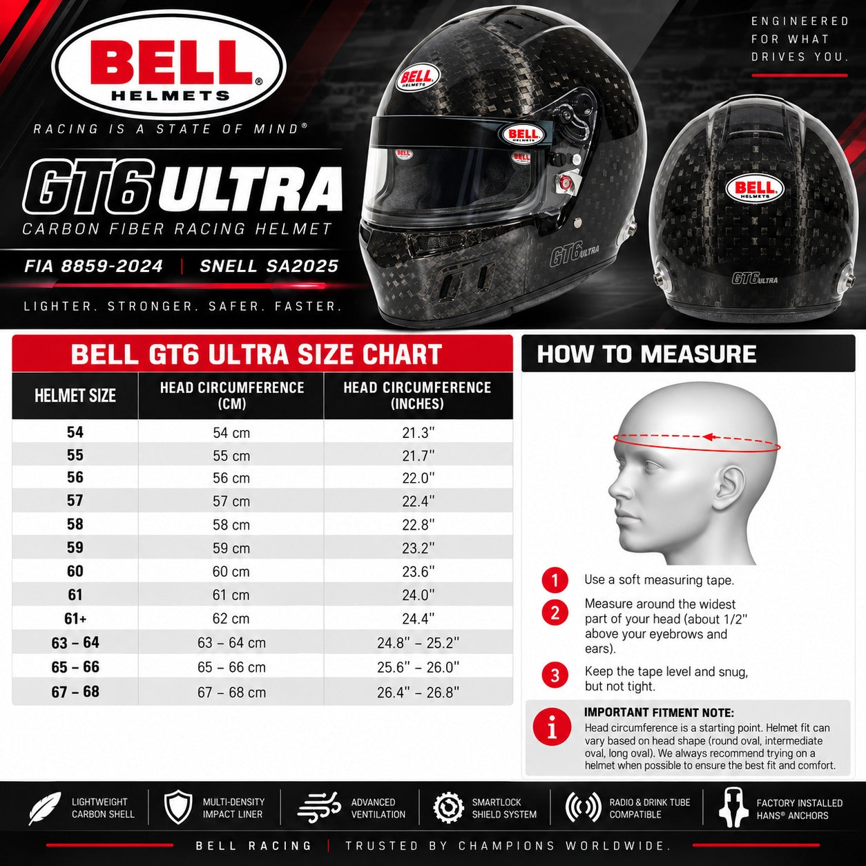 Bell GT6 ULTRA Carbon Fiber Helmet sizing chart