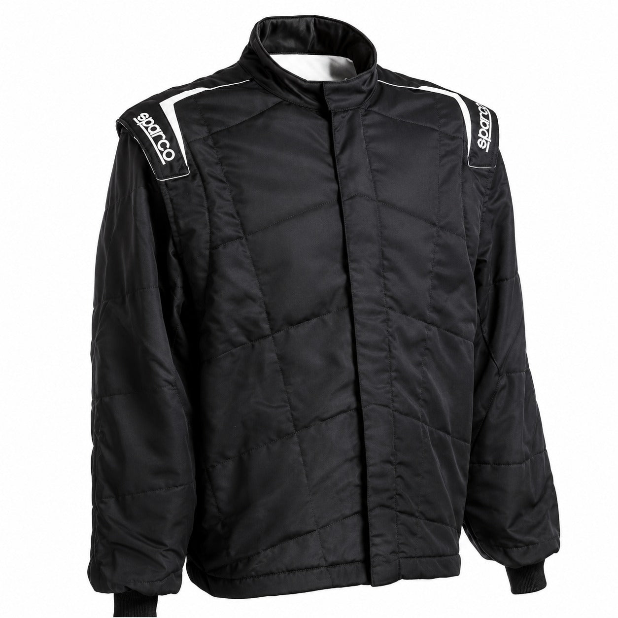 Sparco Sport Light racing suit in black with matching quilted jacket and pants, Sparco shoulder logos, knit cuffs, and clean white Shopify background.