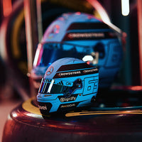 Thumbnail for Hero image of Bell replica mini-helmet and George Russell actual racing helmet
