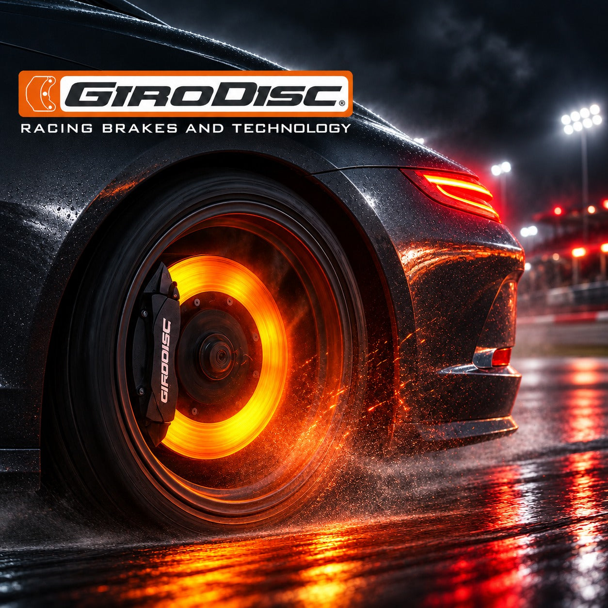 Girodisc hero featuring a glowing orange rear brake rotor, flying sparks, and vivid reflections on a wet racetrack at night.