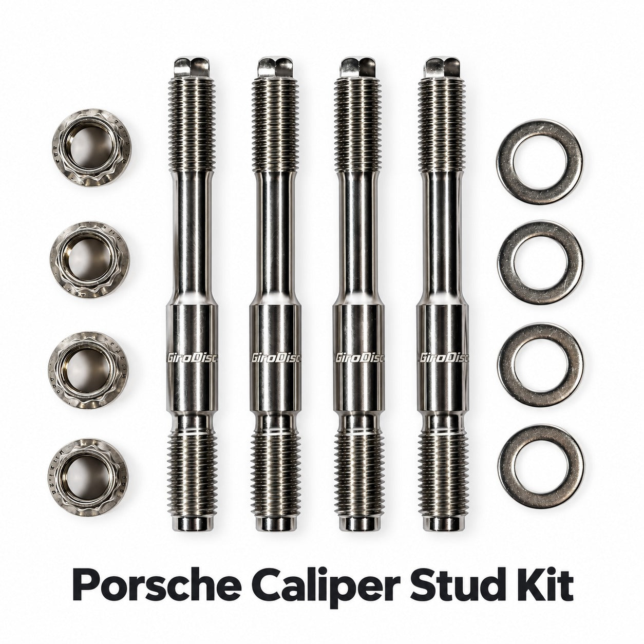 GiroDisc Porsche caliper stud kit with four stainless steel studs, nuts, and washers on a white background