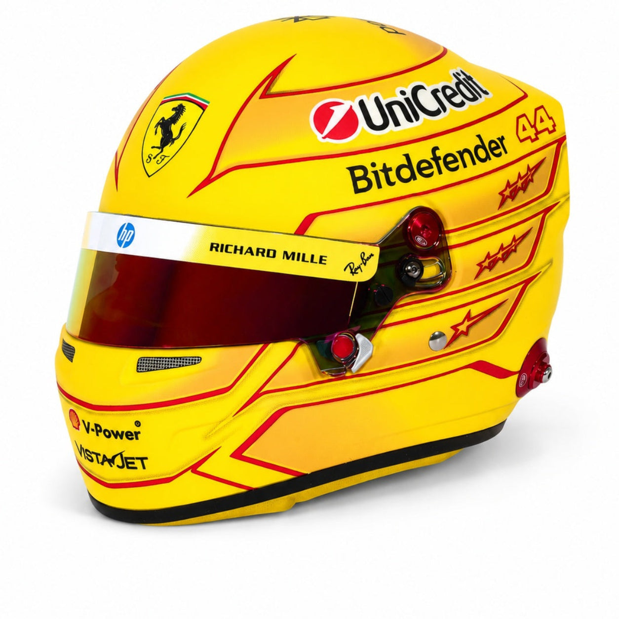 Lewis Hamilton 2026 F1 Bell 1:2 scale mini helmet front three-quarter view on white background
