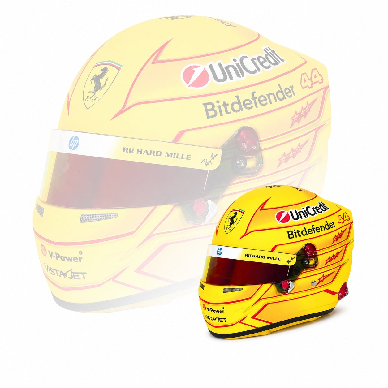 Lewis Hamilton 2026 F1 Bell 1:2 scale mini helmet ghosted comparison image on white background