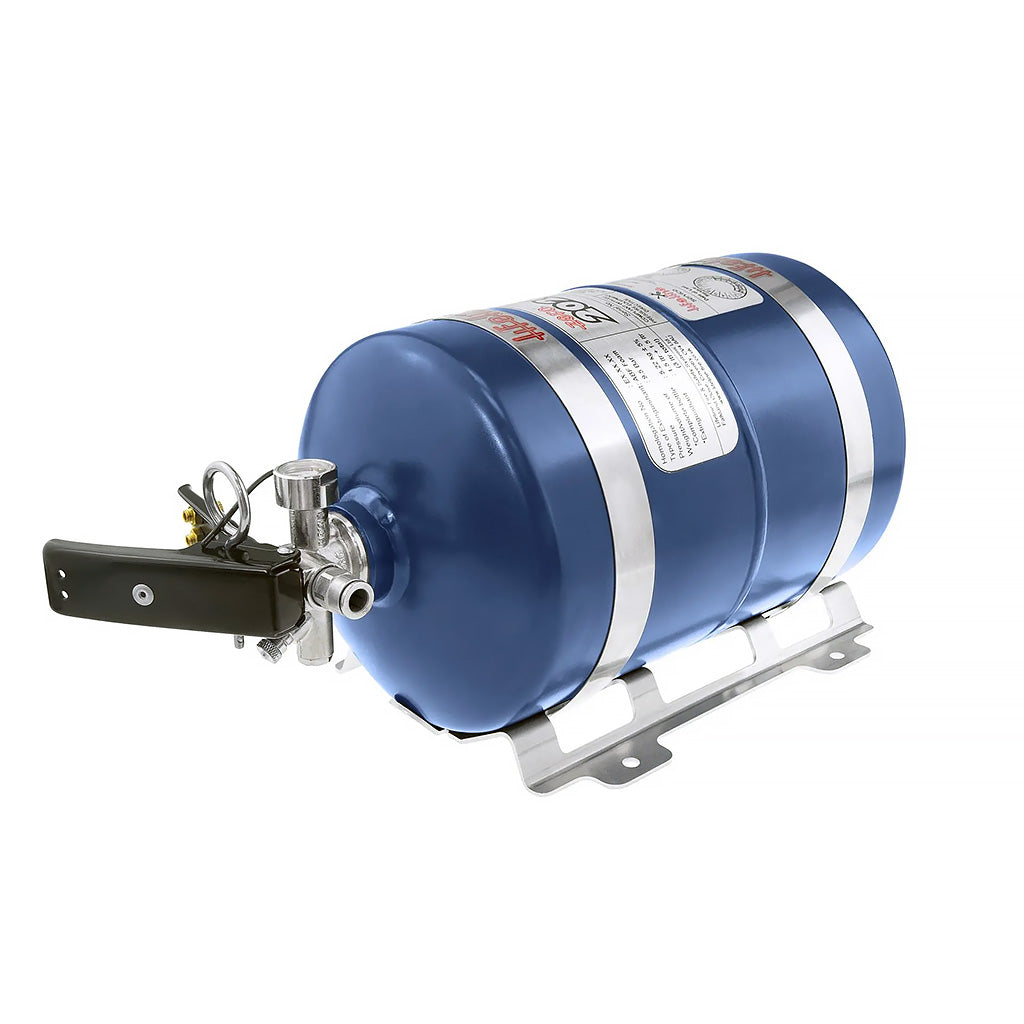 Steel fire suppression cylinder with brackets and straps for race car installation