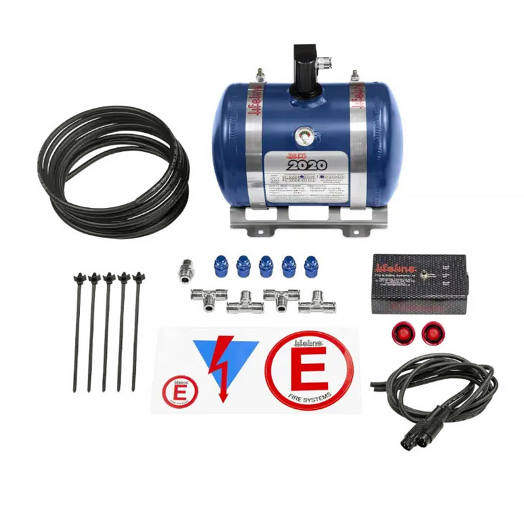 Complete Lifeline Zero 2020 FIA 3.0L electric fire suppression kit with nozzles, tubing, and activation switches