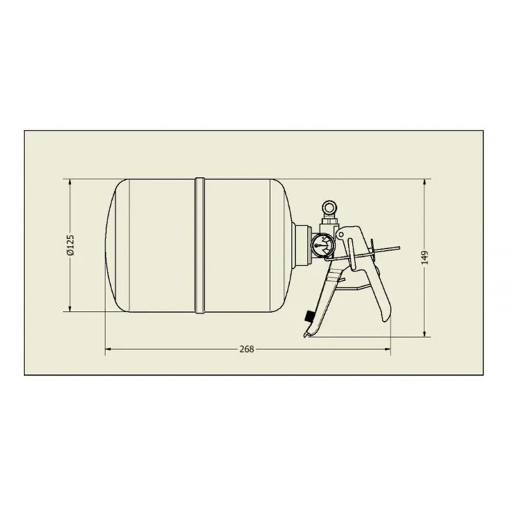 Dimensions of FIA-approved Lifeline Zero 360 2.25kg aluminum fire extinguisher bottle