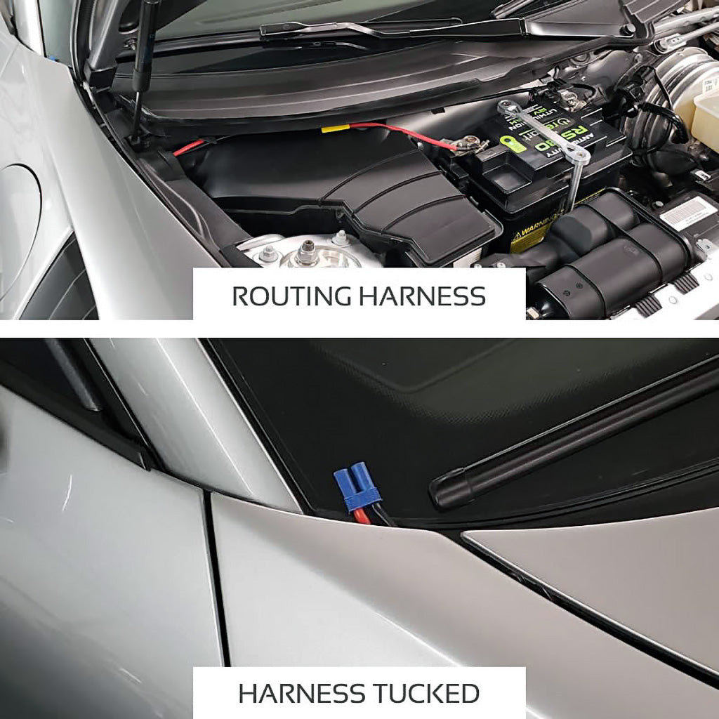 Antigravity 45" long clampless starting harness routed through car frame for easy access