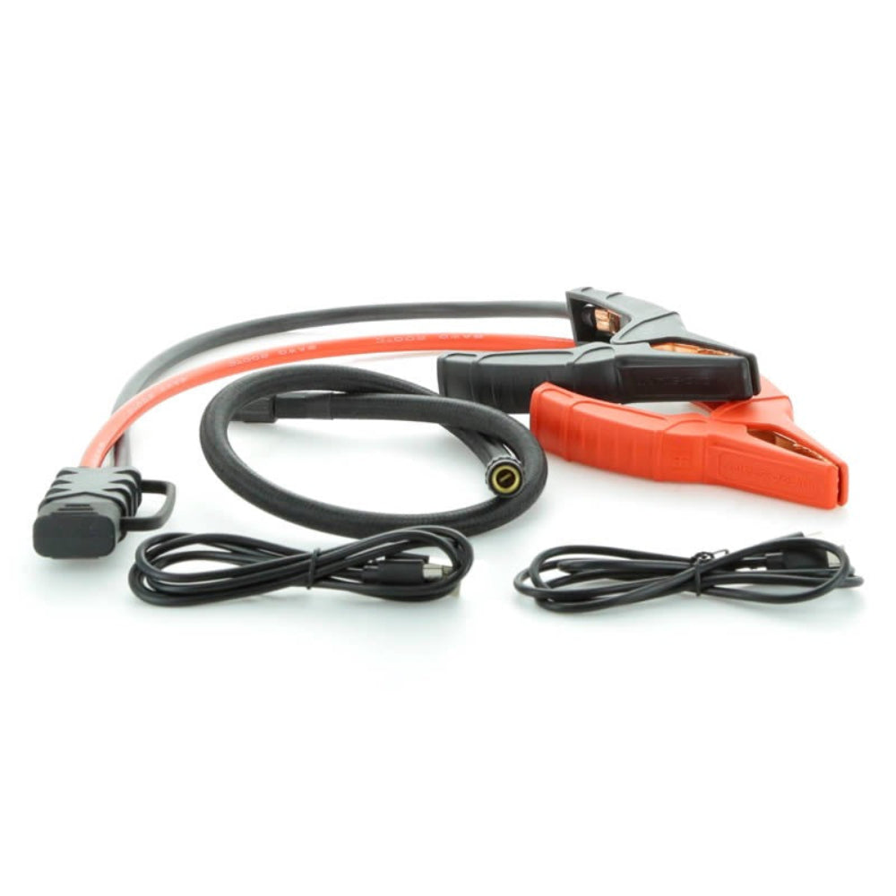 Heavy-duty jumper clamps with black and red cables alongside USB and inflator hoses, displayed on a white background.