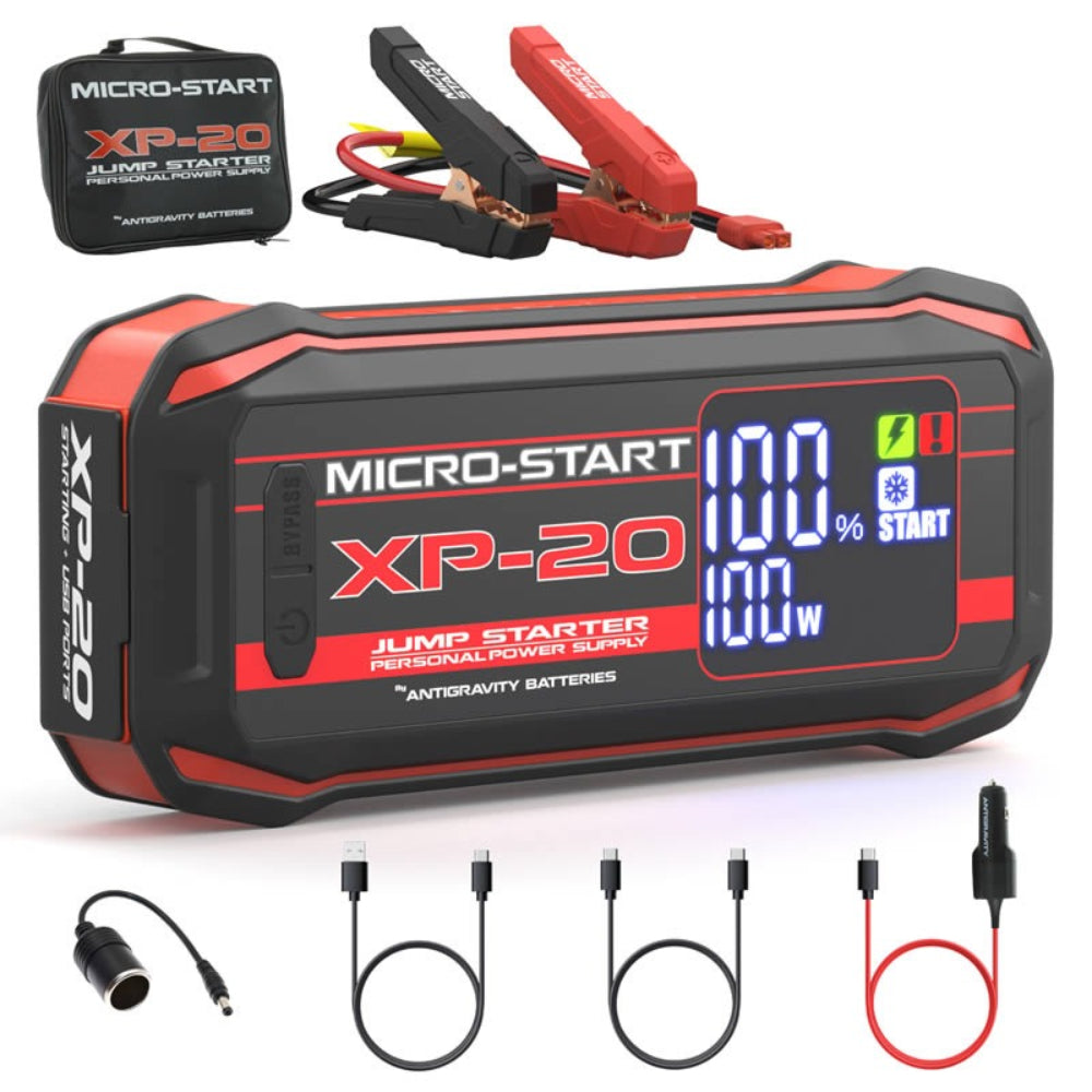Micro-Start XP-20 jump starter with accessories on a white background