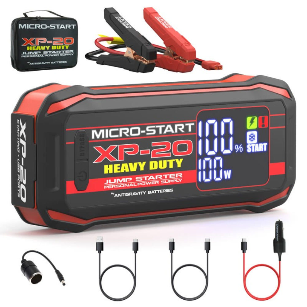 Micro-Start XP-20 Heavy Duty jump starter with accessories on a white background