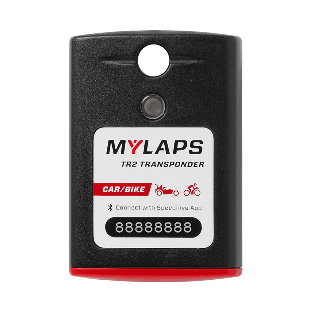 MYLAPS TR2 Transponder with black and red design on a white background