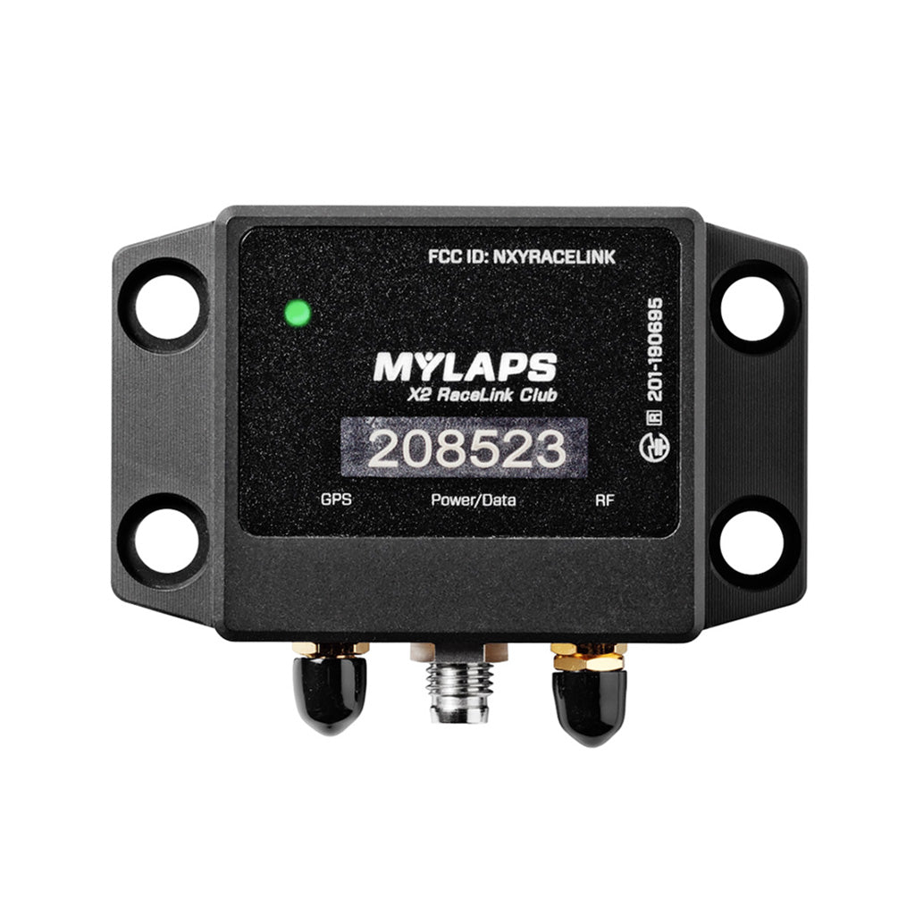 MyLaps X2 RaceLink Club transponder kit main unit with power light on