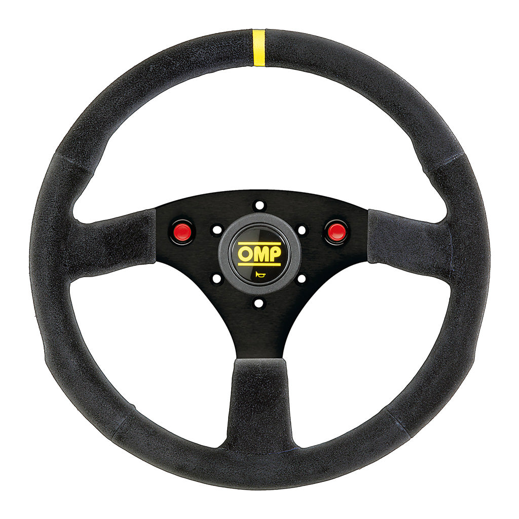 Close-up of OMP 320 ALU S suede steering wheel with pre-formed handgrips