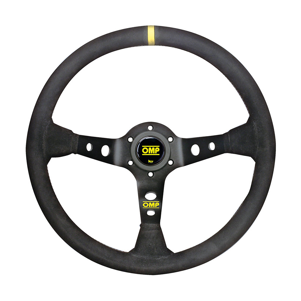 OMP Corsica 330 dished steering wheel with 3 black anodized aluminum spokes, horn button, and yellow stitching.