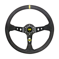Thumbnail for OMP Corsica 330 dished steering wheel with 3 black anodized aluminum spokes, horn button, and yellow stitching.