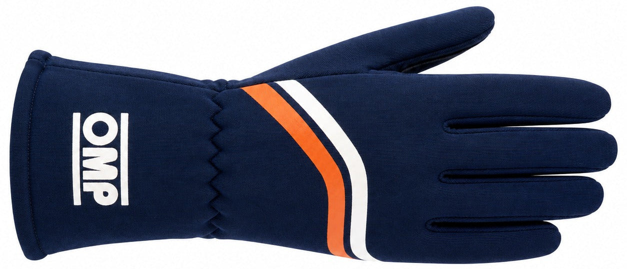 OMP Dijon navy and orange racing glove facing right on a white background