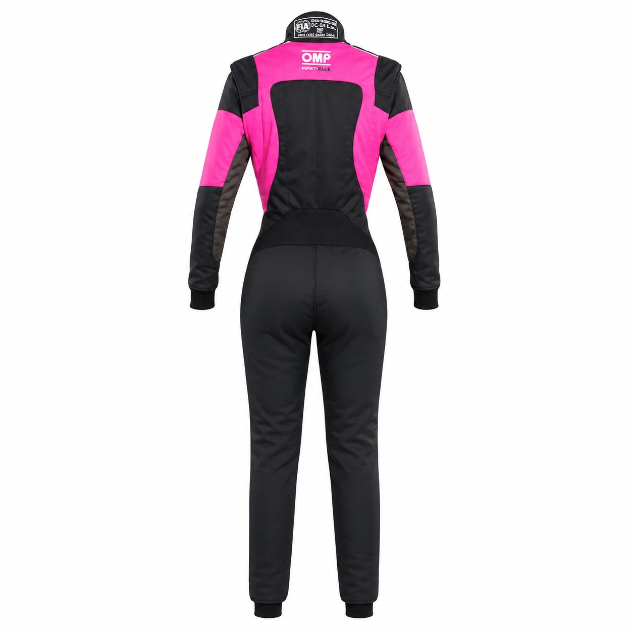 OMP First Elle women's racing suit in black and pink, back view, on a white background.
