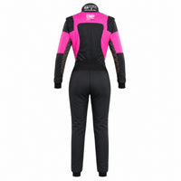 Thumbnail for OMP First Elle women's racing suit in black and pink, back view, on a white background.
