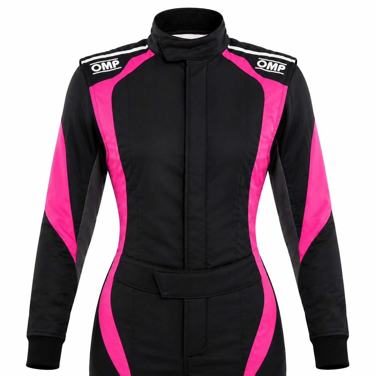 OMP First Elle women's racing suit in black and pink, upper-body front view, on a white background.
