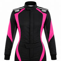 Thumbnail for OMP First Elle women's racing suit in black and pink, upper-body front view, on a white background.
