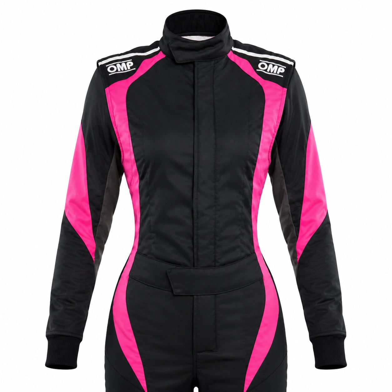 OMP First Elle women's racing suit in black and pink, upper-body front view, on a white background.
