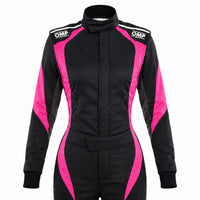 Thumbnail for OMP First Elle women's racing suit in black and pink, upper-body front view, on a white background.
