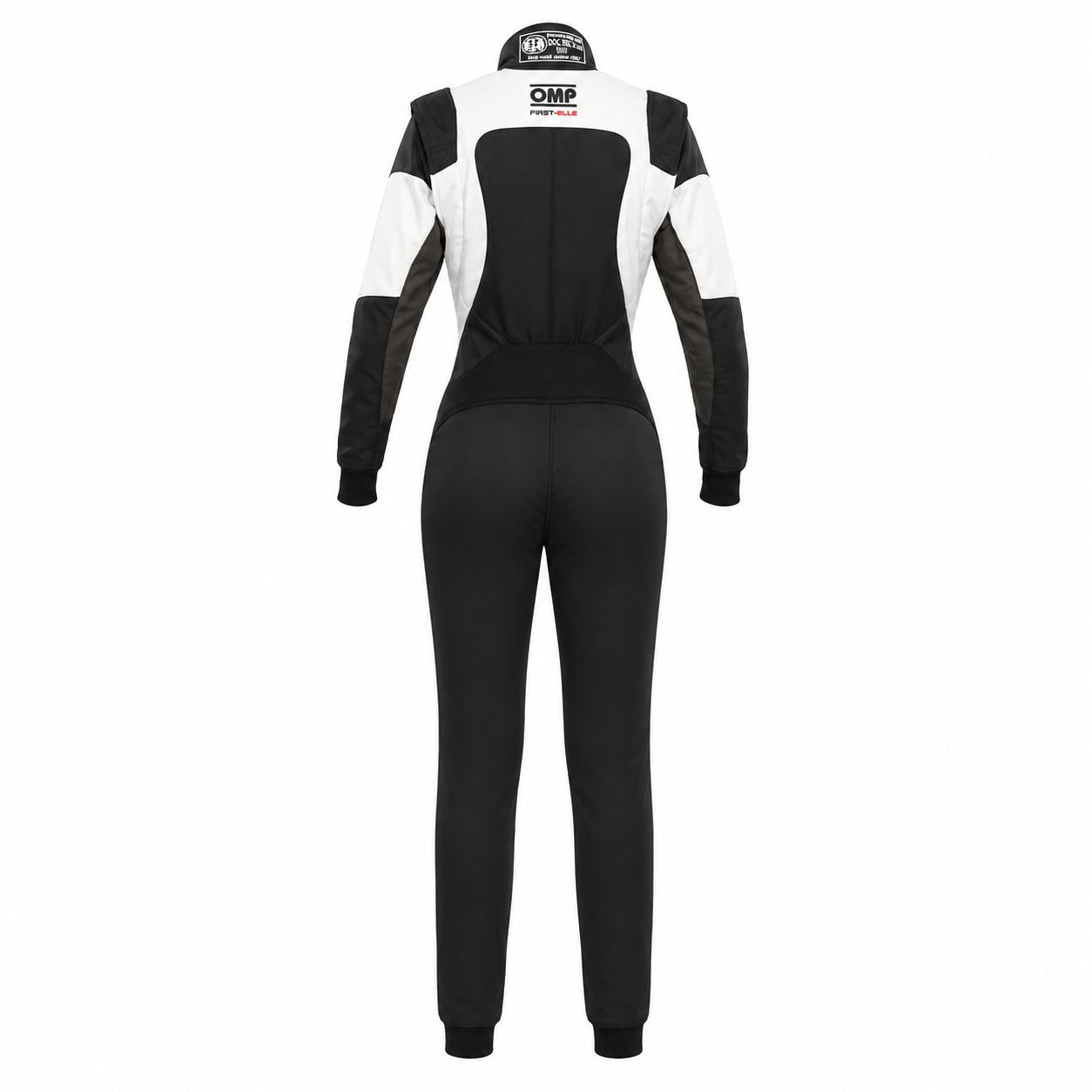 OMP First Elle women's racing suit in black and white, back view, on a white background.
