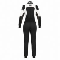Thumbnail for OMP First Elle women's racing suit in black and white, back view, on a white background.

