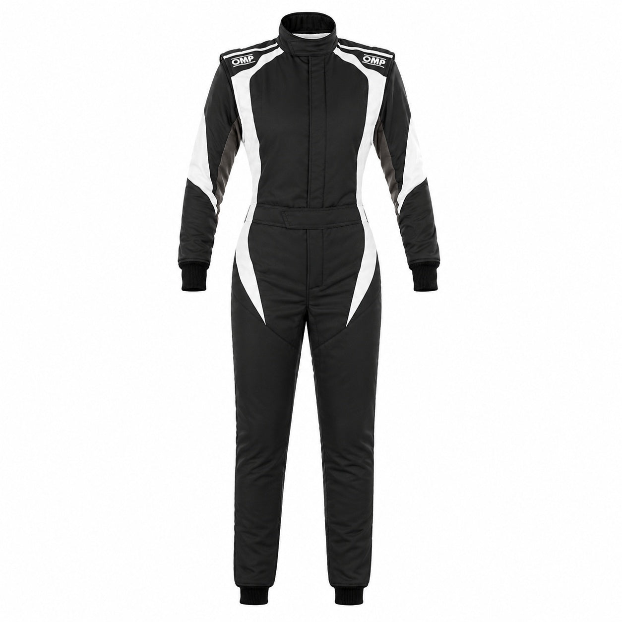 OMP First Elle women's racing suit in black and white, front view, on a white background.
