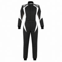 Thumbnail for OMP First Elle women's racing suit in black and white, front view, on a white background.
