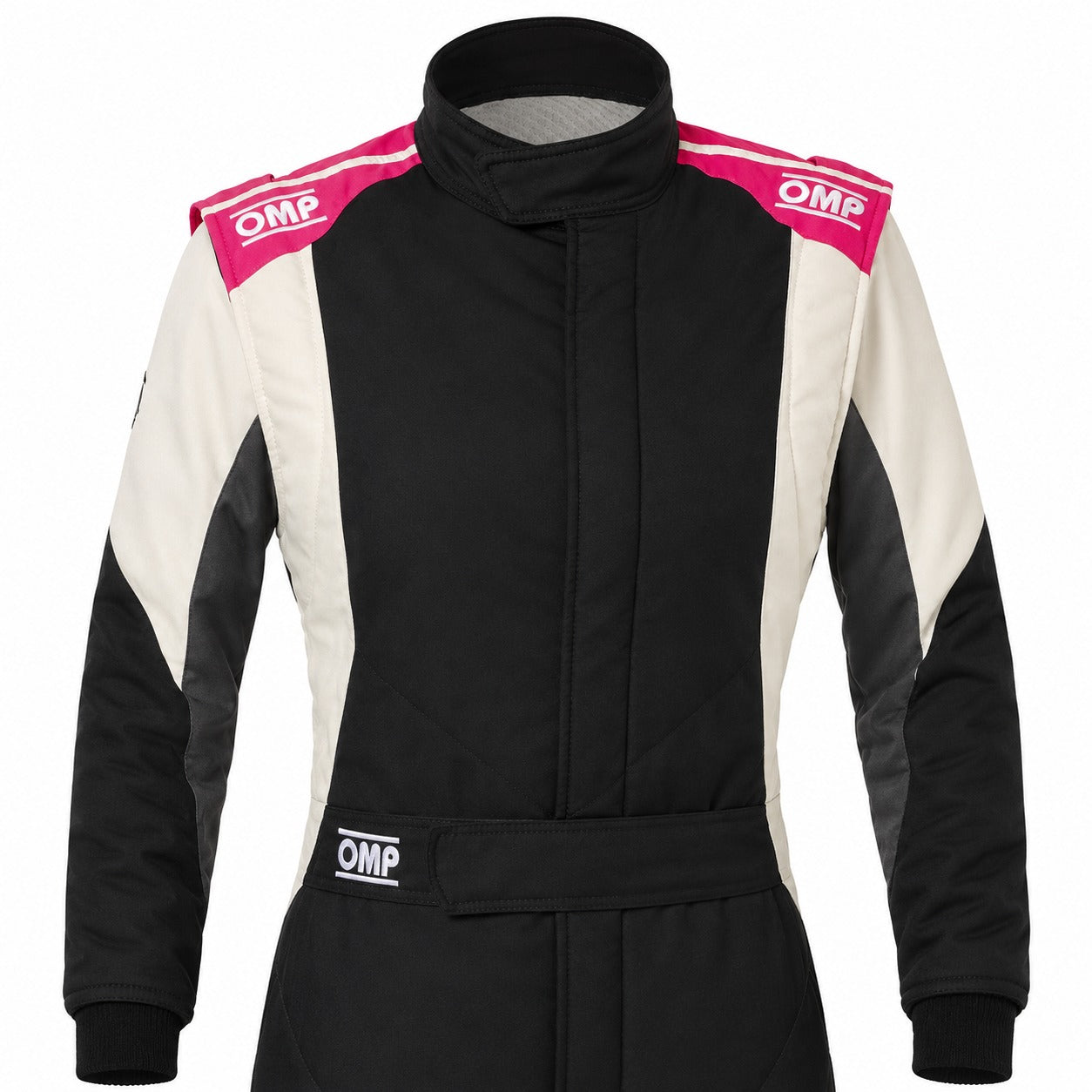 OMP First ELLE Women’s Racing Driver Suit in black white and pink, front upper-body product view with OMP shoulder logos on a white background.
