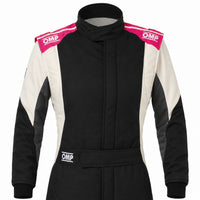 Thumbnail for OMP First ELLE Women’s Racing Driver Suit in black white and pink, front upper-body product view with OMP shoulder logos on a white background.