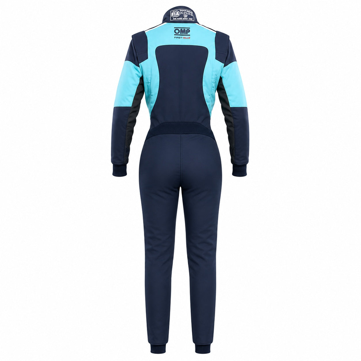 OMP First Elle women's racing suit in navy and cyan, back view, on a white background