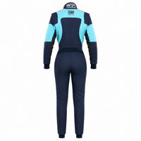 Thumbnail for OMP First Elle women's racing suit in navy and cyan, back view, on a white background