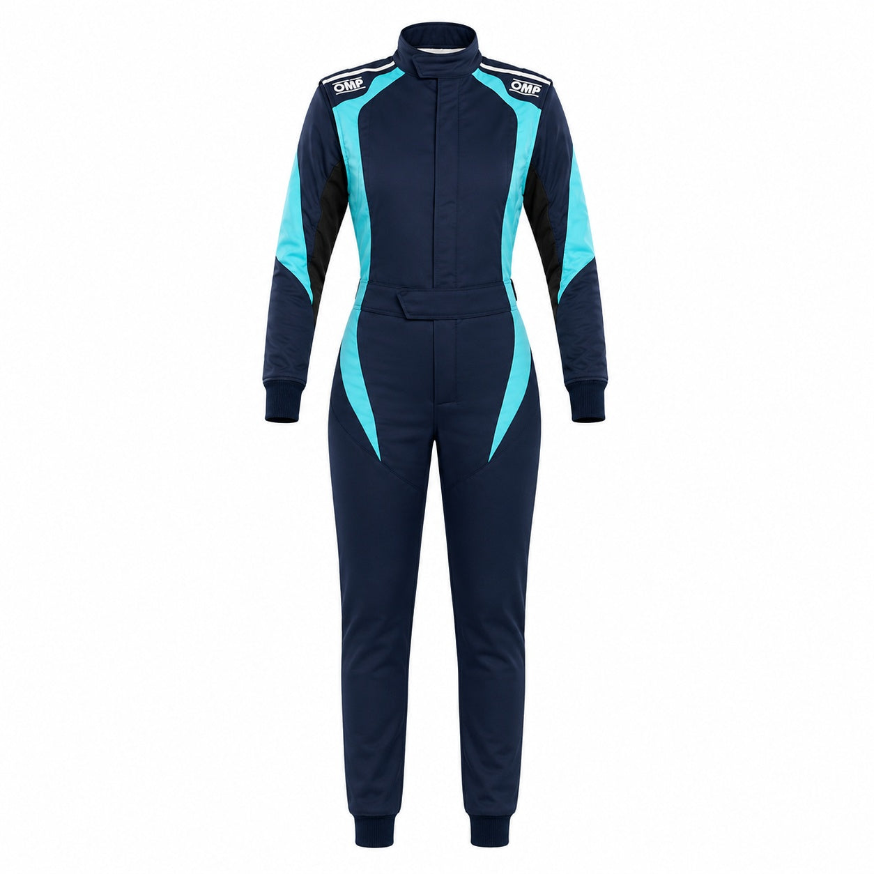  OMP First Elle women's racing suit in navy and cyan, front view, on a white background.
