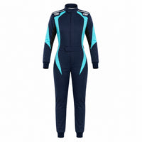 Thumbnail for  OMP First Elle women's racing suit in navy and cyan, front view, on a white background.
