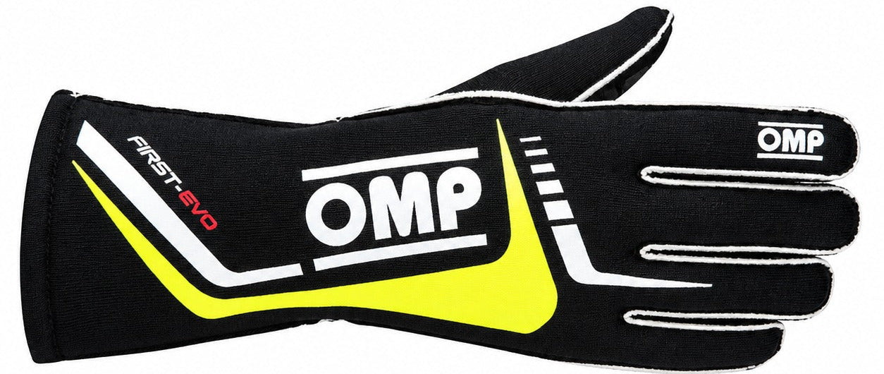 OMP First Evo black and yellow fluo racing glove facing right on a white background